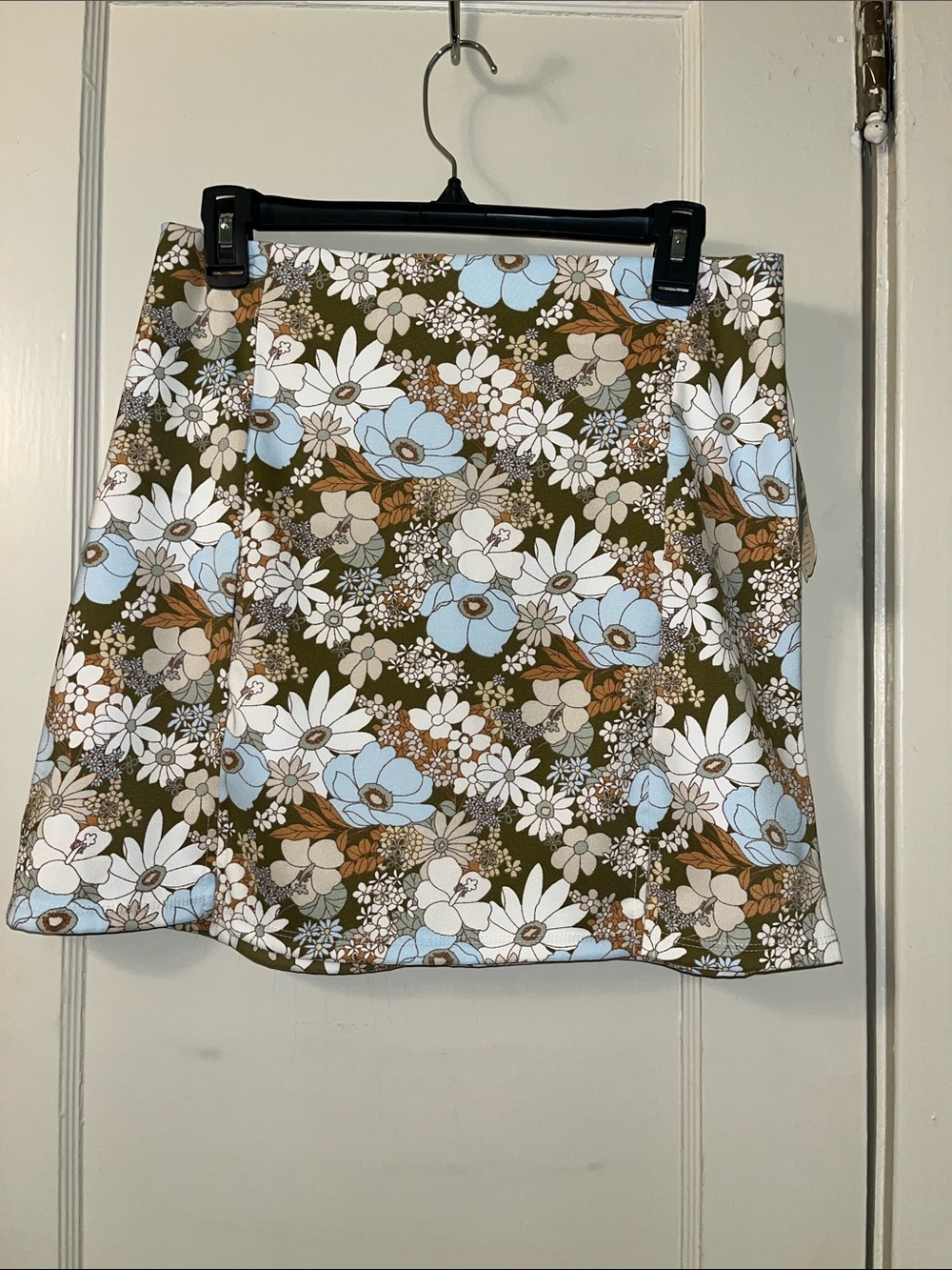 Altar'd State Olive Floral A-Line Skirt with Blue & White Blooms